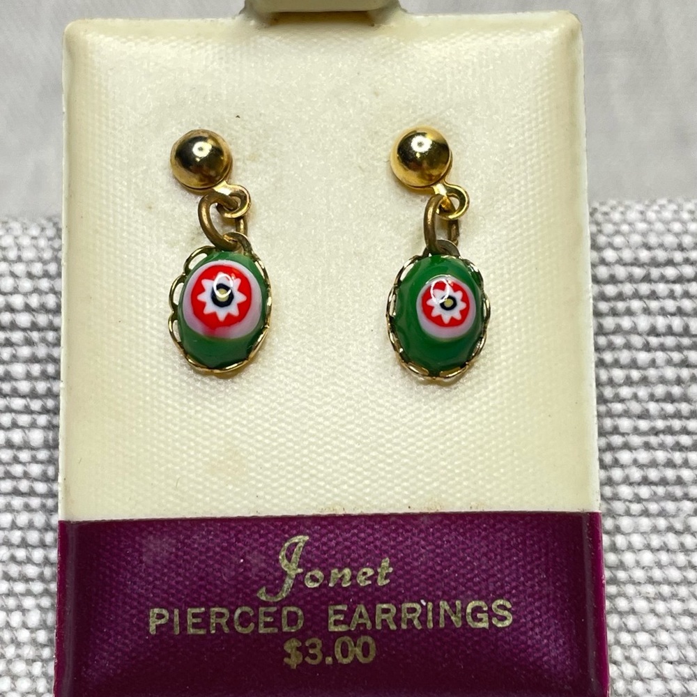 Mini Jonet 1960s Dainty Gold Tone Stud Earrings Green and Red